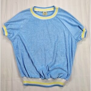 Vtg Sears Light Blue Terry Cloth Shirt XL Short Sleeve Striped Trim grandmacore